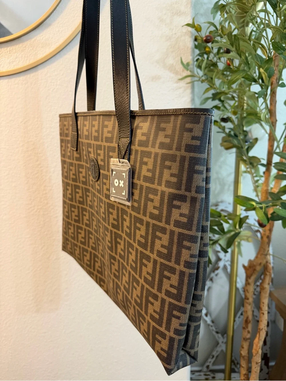 Fendi Brown FF Canvas Tote Bag with Black Leather Straps. Free COA.